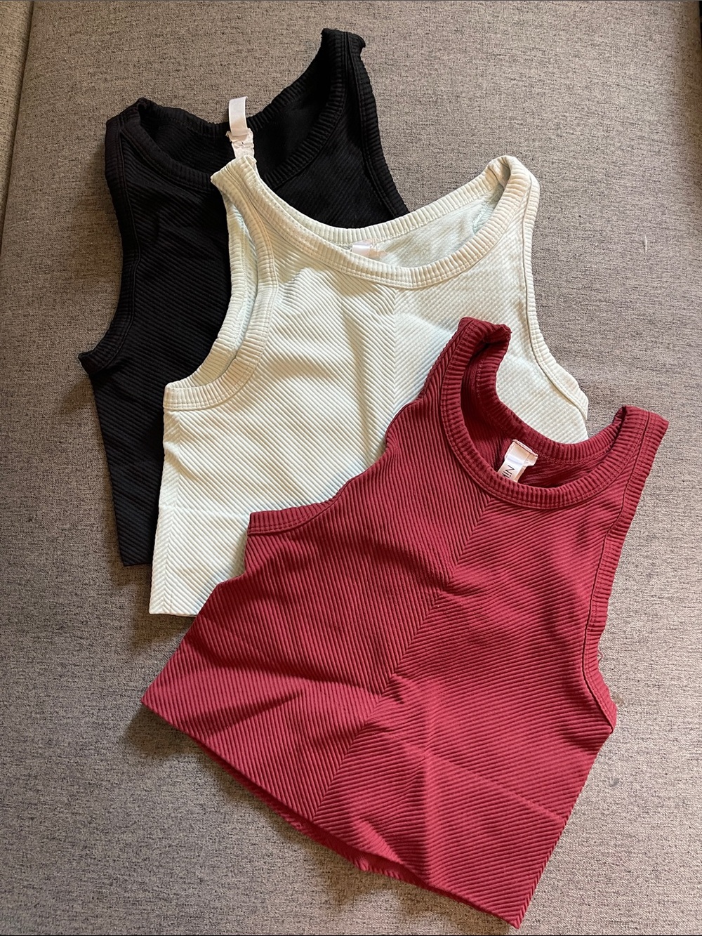 Nikibiki Ribbed Tank Trio in Black, Cream & Wine